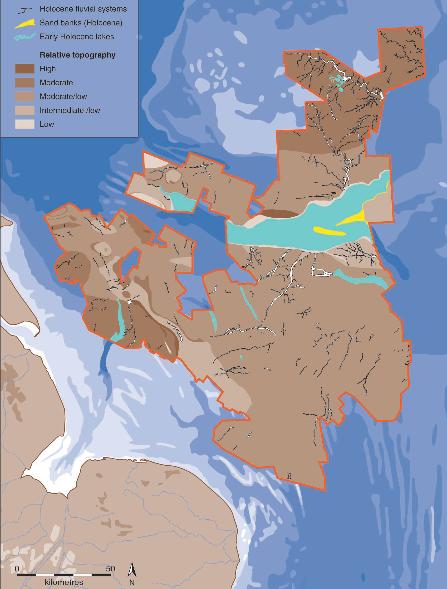 Moderní rekonstrukční mapa raně holocenní krajiny Severního moře
