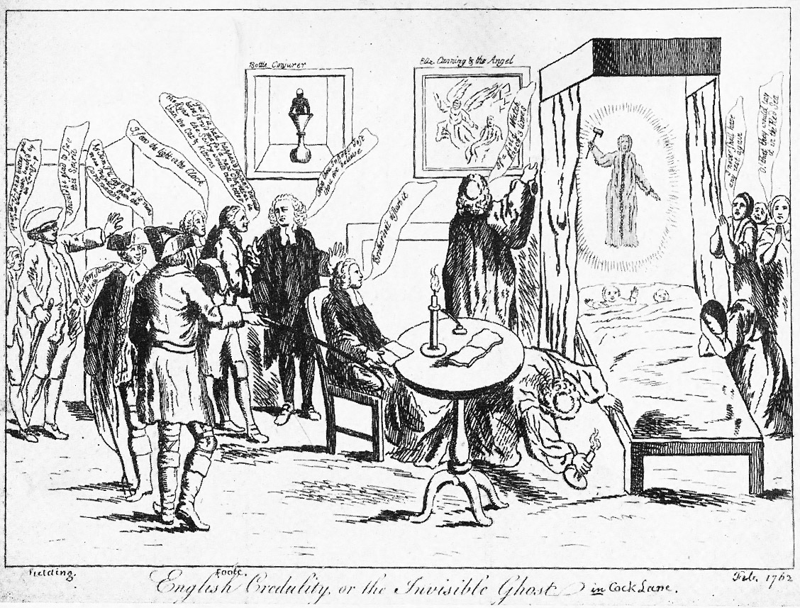 Dobová satirická ilustrace aféry s duchem z Cock Lane z roku 1762