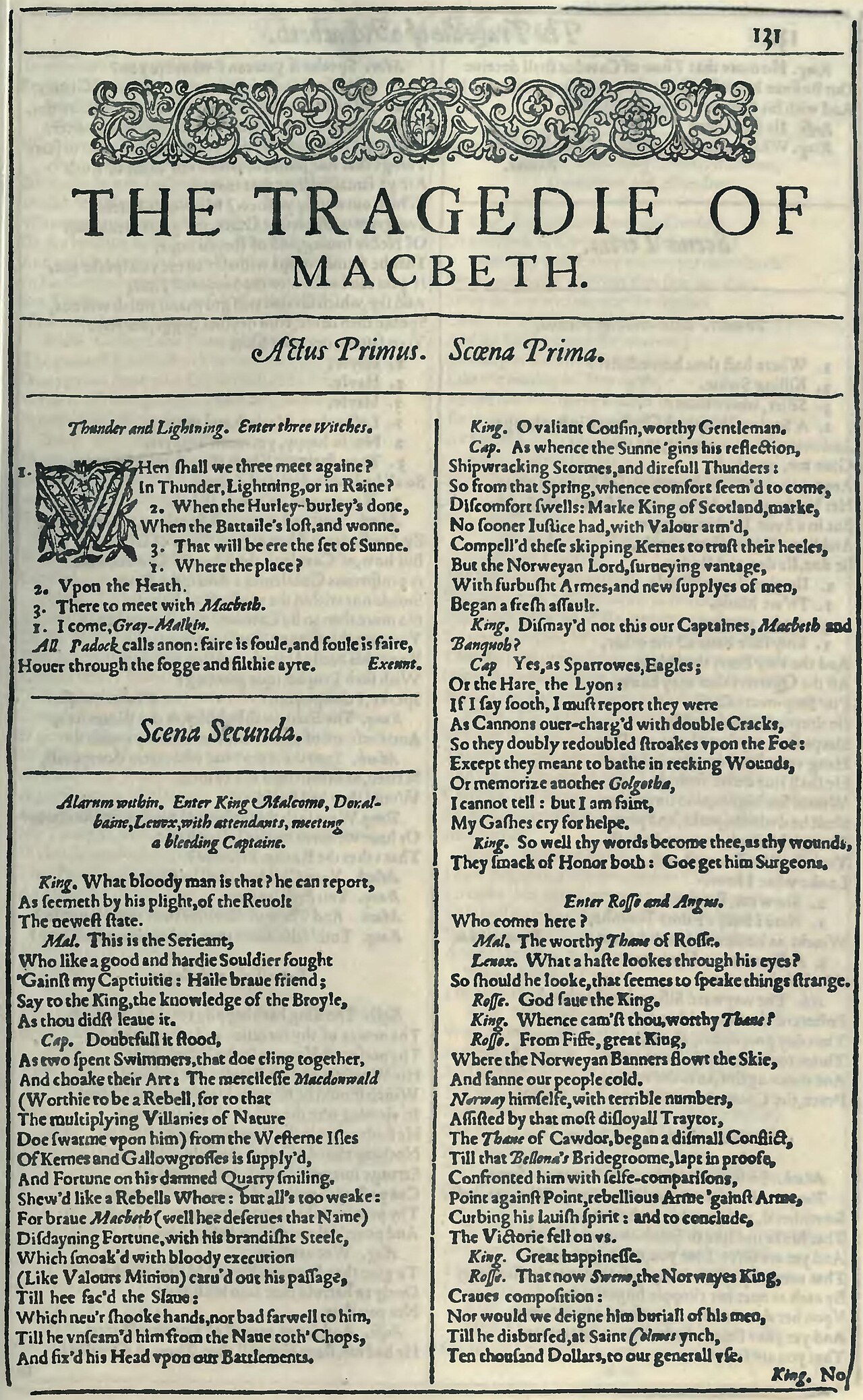 První strana Macbetha v prvním foliovém vydání Shakespeara z roku 1623