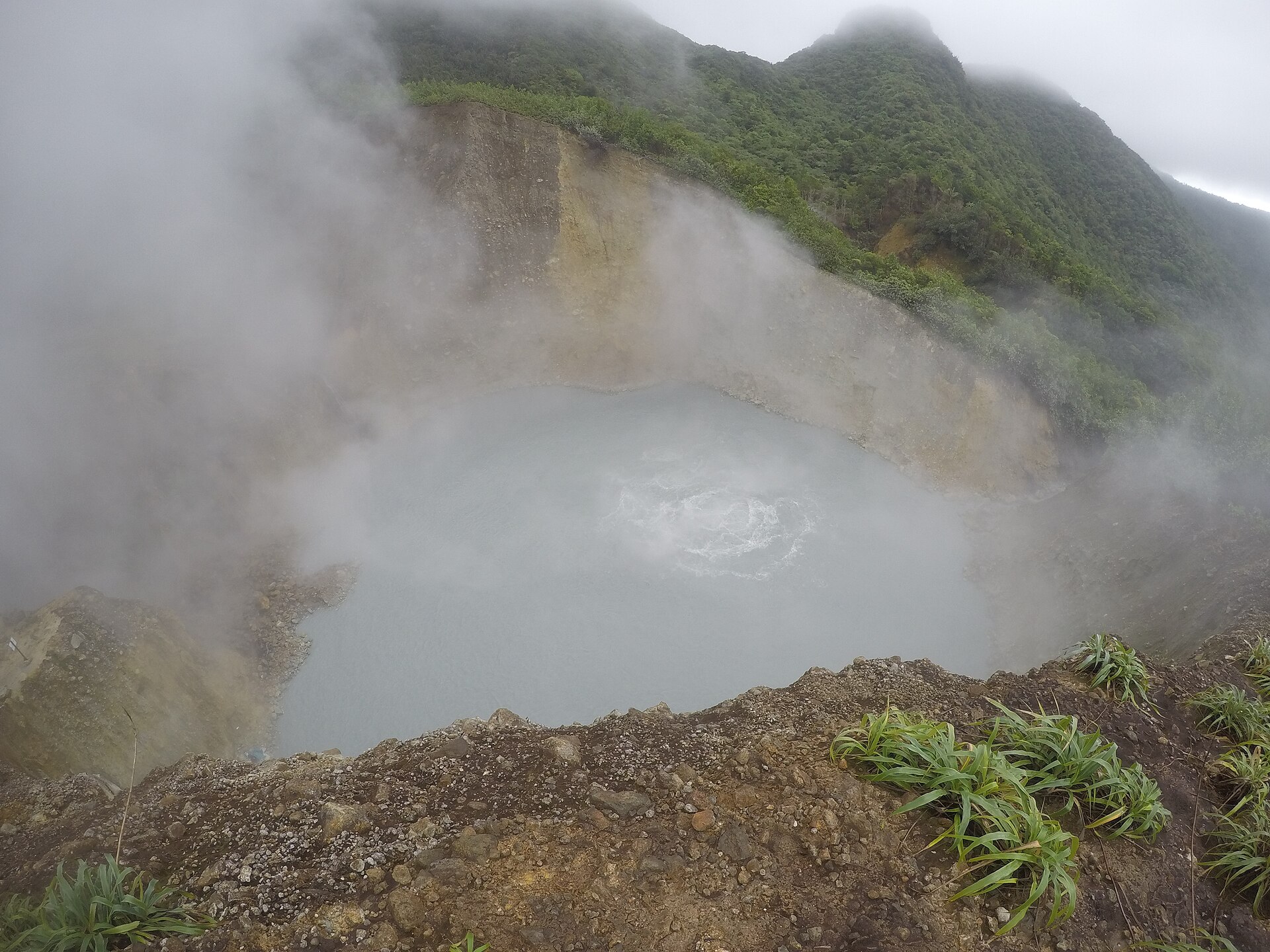 Boiling Lake na Dominice: zatopená fumarola, kolísající hladina a jezero téměř ve varu
