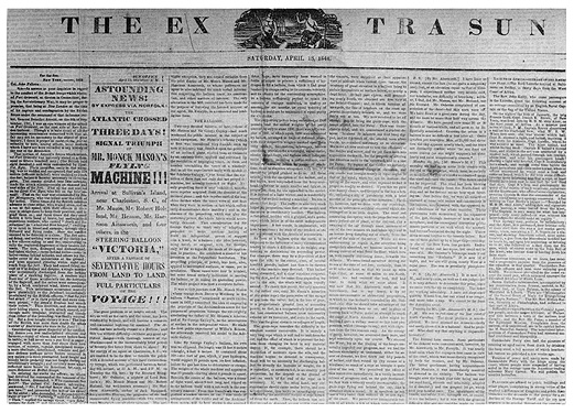 Poeův Balloon-Hoax 1844: novinová zpráva o přeletu Atlantiku, která nebyla pravdivá